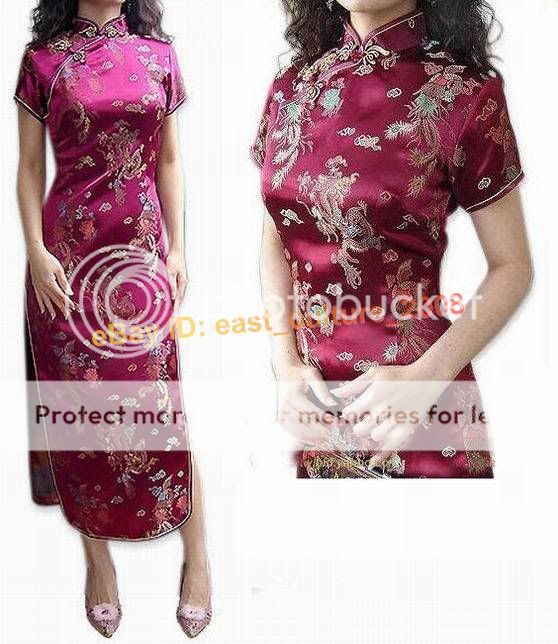 Chinese Long Silk Cheongsam Evening Dress Burgundy WLD  