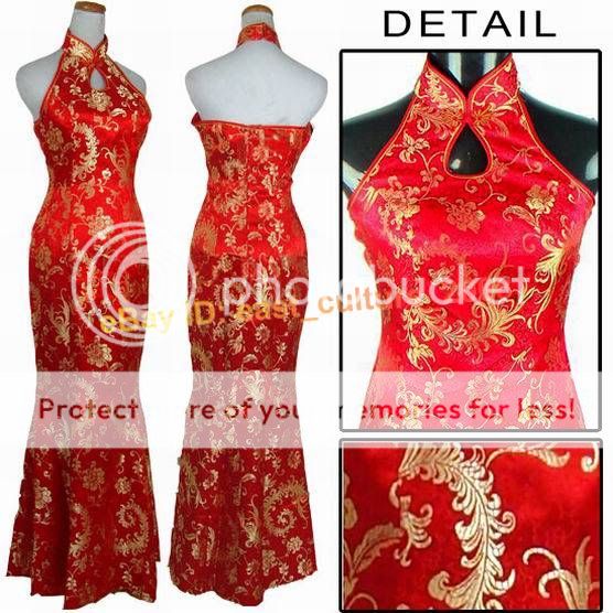   silk satin red gold fishtail Womens Cheong sam Dress S 3XL  